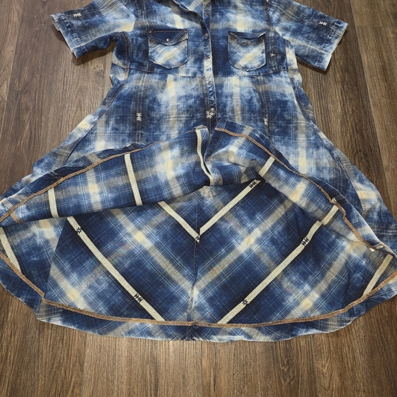 Ryan Michael Denim Western Shirt Dress Blue Tie Dye Plaid Button Down M - Picture 8 of 12